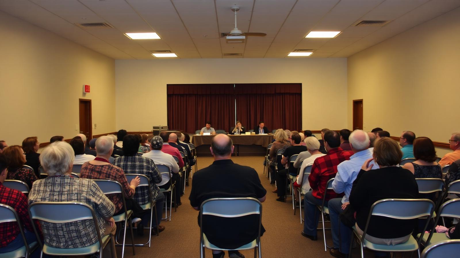 Community members seated at an evening school district board meeting
