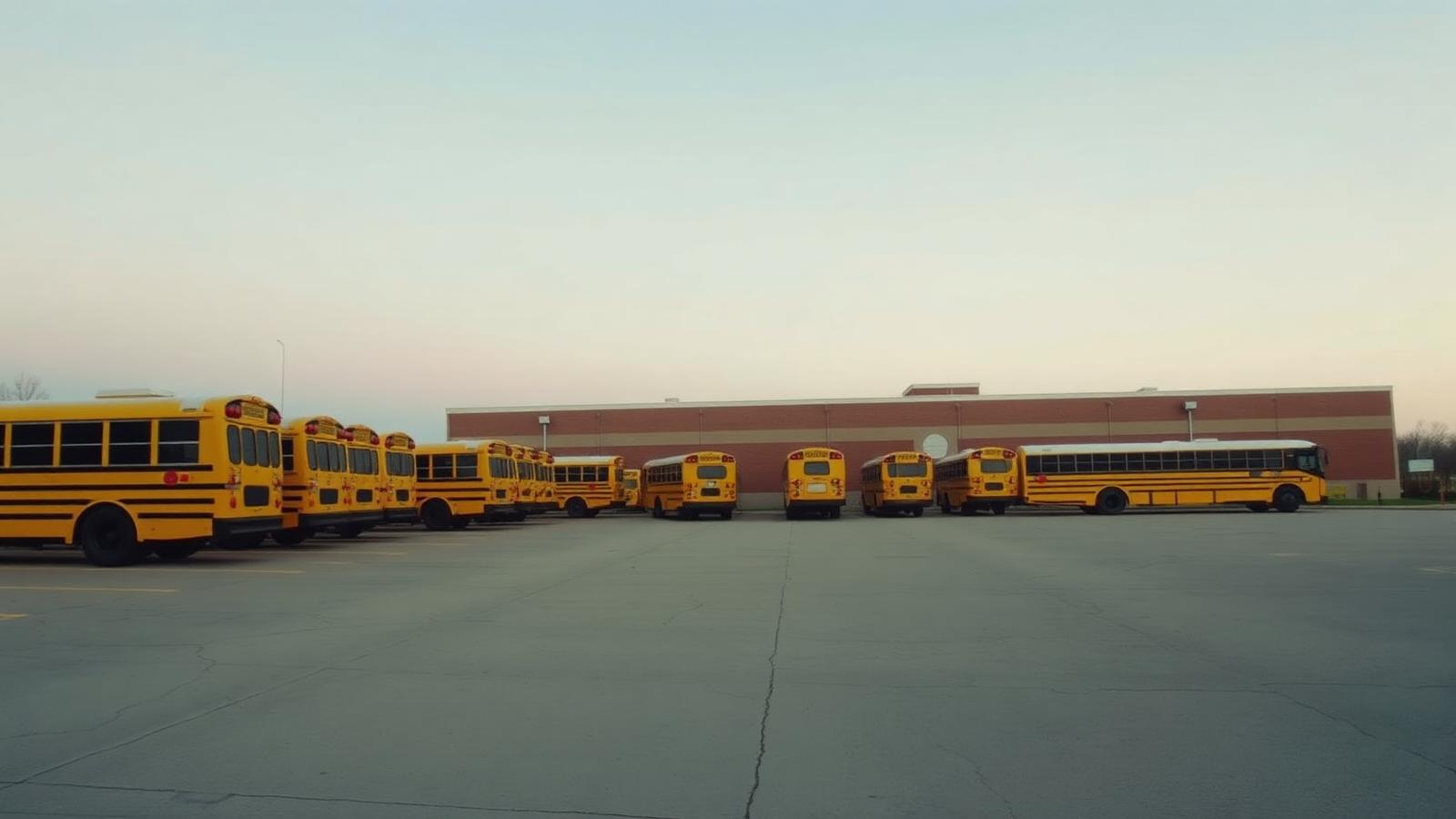 Row of school buses parked outside a district building at dawn