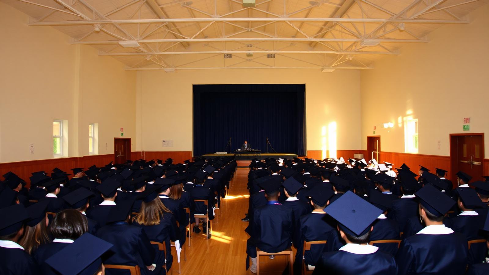 School gymnasium set up for a graduation ceremony with students in caps and gowns