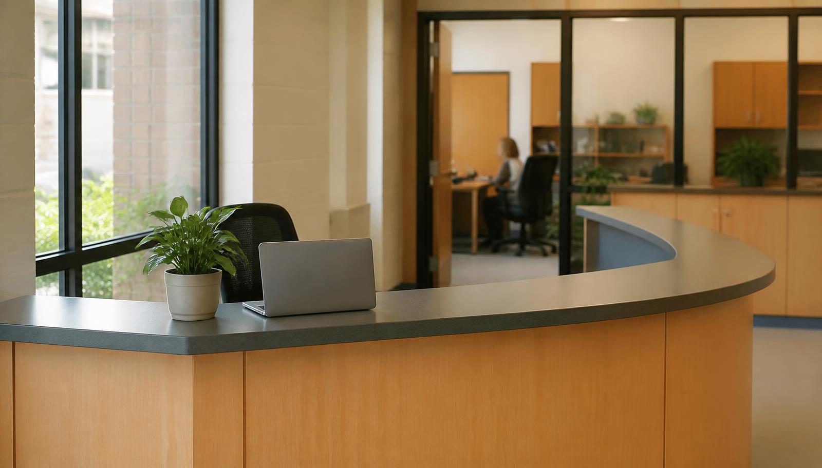 School front office visitor check-in counter in daylight