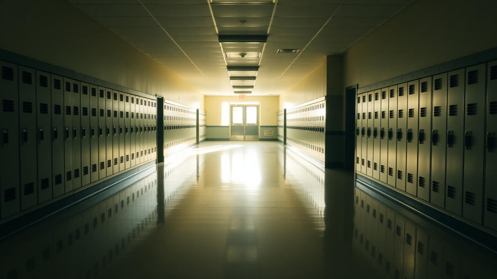 Quiet school hallway lined with lockers in morning light